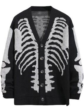 Unisex Long Sleeve Skeleton Pattern Cardigan | Cozy Knitted Sweater for Men